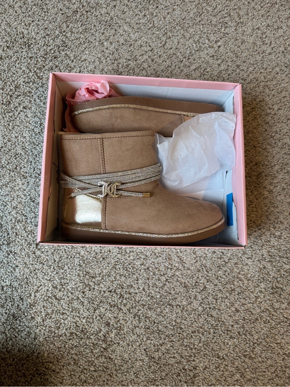 Juicy Couture Tan Suede Ankle Booties with Gold Accent